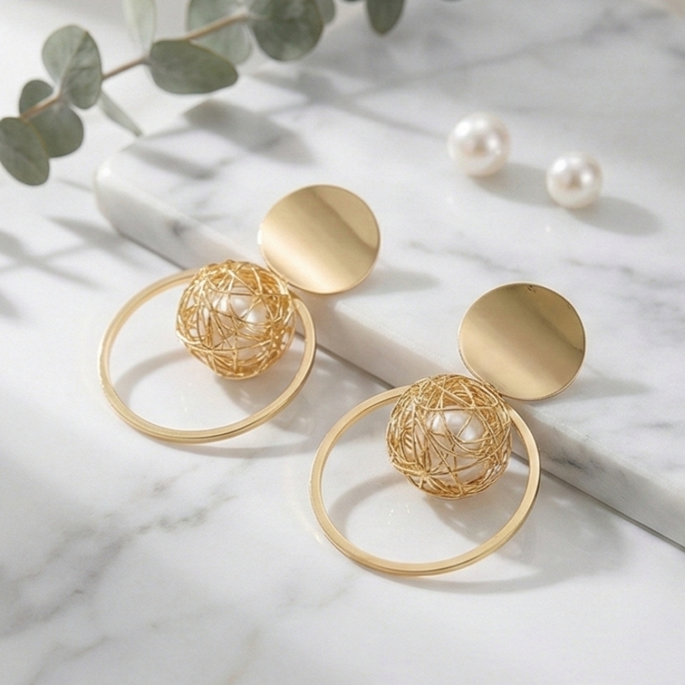 Gold Plated Wire Mesh Faux Pearl Sphere Statement Drop Earrings Geometric Chic